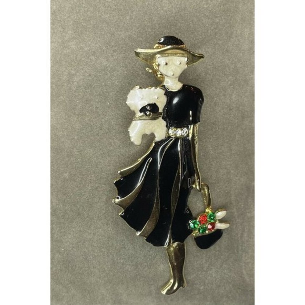 Beautiful Classy  Enamel Lady and Dog Brooch Pin